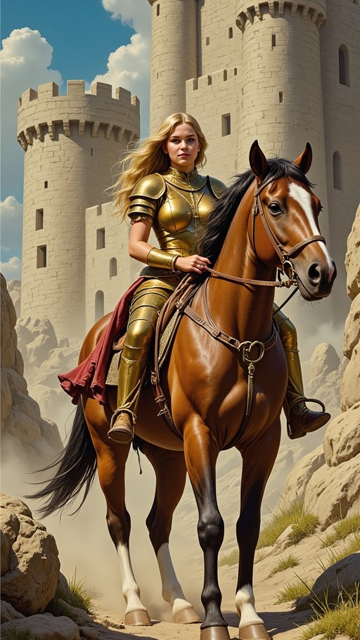 A blonde woman in full gold plate armor rides a brown horse with white markings on its legs and face, set against a backdrop of stone castle towers and rocky terrain under a blue sky.