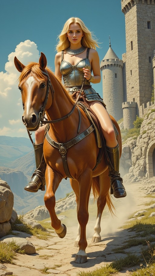 A blonde woman in silver armor rides a brown horse on a rocky path with a stone castle in the background.