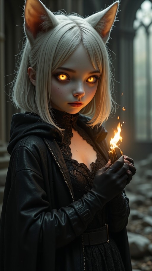 A young woman with white hair and cat ears holds a lit match in her gloved hands, wearing a black leather jacket and lace dress against a blurred stone background.