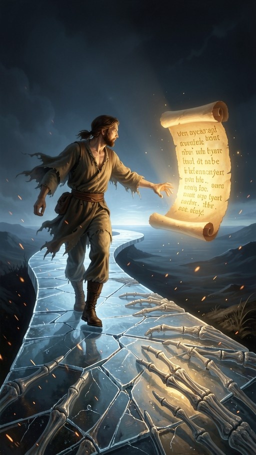 A bearded man in tattered clothes reaches for a floating glowing scroll while standing on a cracked ice bridge with skeletal hands emerging from the ground.