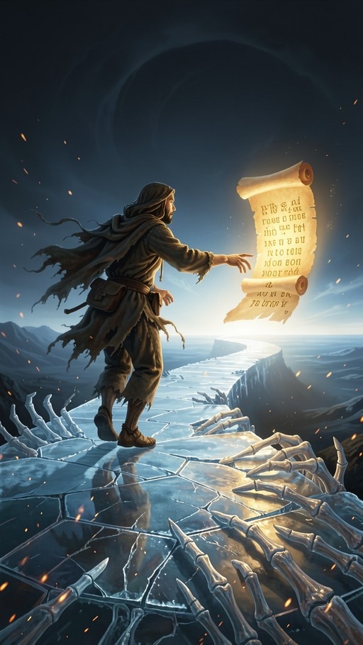 A hooded wizard in torn clothes reaches for a floating glowing scroll while standing on cracked ice with skeleton hands emerging from the ground.