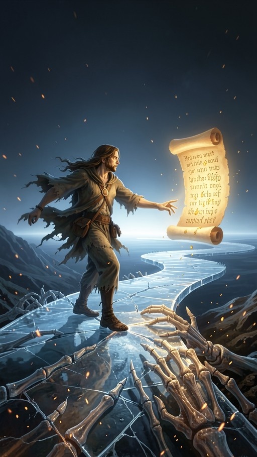 A fantasy man in torn robes reaches for a floating glowing scroll while walking on ice as skeletal hands reach up from below.