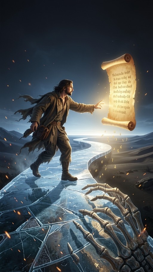 A bearded fantasy adventurer in tattered clothing reaches toward a glowing, text-covered scroll hovering above a cracked ice path, with a large skeletal hand rising in the foreground.