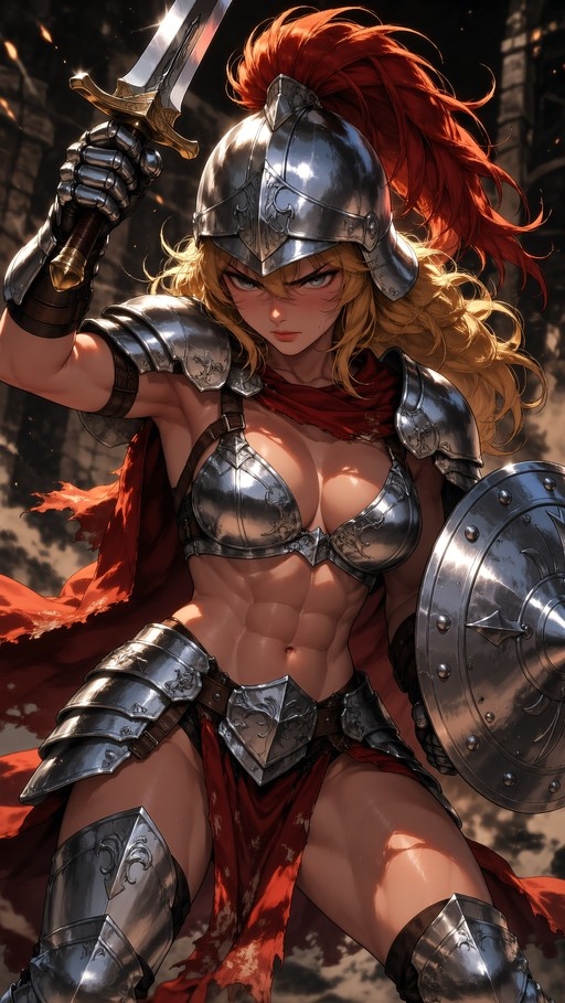 A muscular blonde anime-style female knight in silver armor and a red cape holds a sword up and a shield, looking forward.
