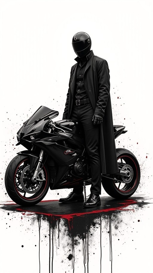 A person in a long black coat and helmet stands beside a black motorcycle with red wheel rims against a white background with dripping red and black paint.
