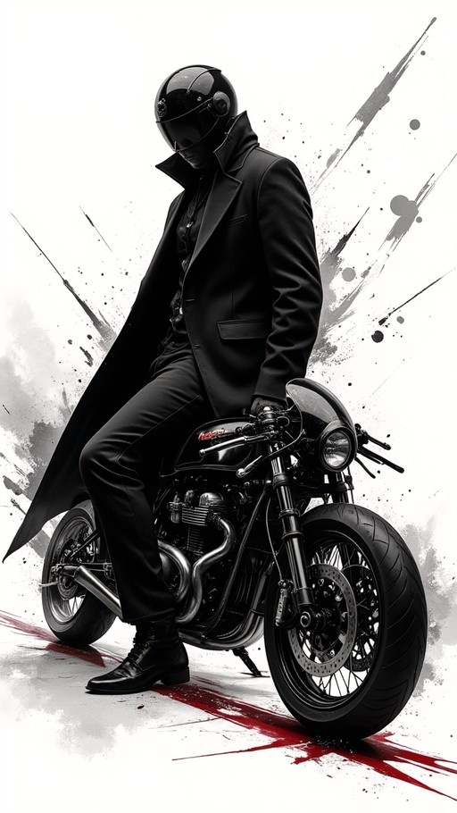 A man in a black helmet and long coat sits on a motorcycle against a white background with ink splatters and red blood on the ground.