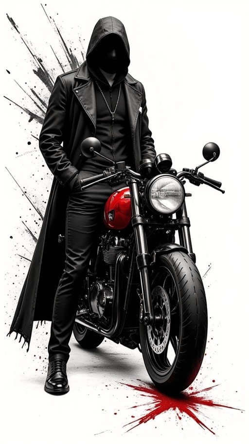 A faceless figure in a long black hooded leather coat stands next to a motorcycle with a red fuel tank against a white background with black and red splatters.