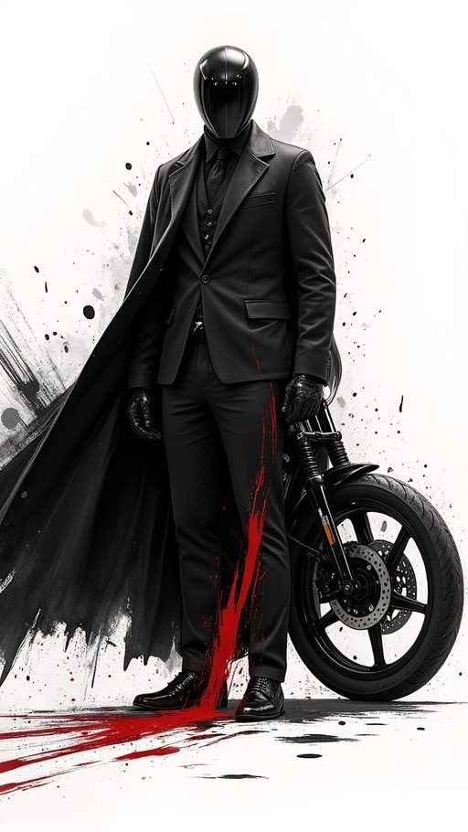 A male figure in a black suit and shiny helmet stands next to a motorcycle with red blood splatter on his leg.