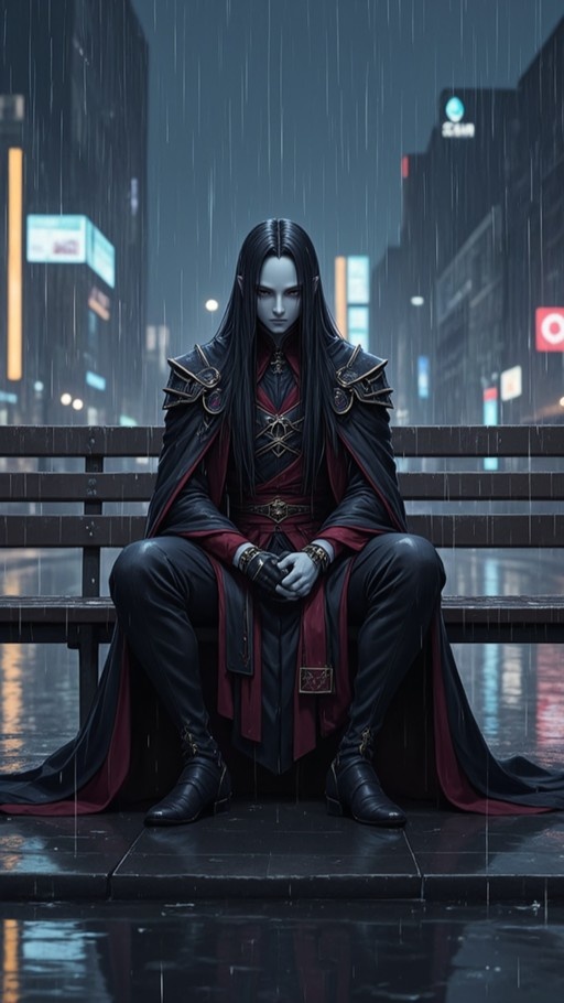 A pale-skinned male character with long black hair and pointed ears sits on a wooden bench in the rain at night, wearing a dark fantasy outfit against a city background.