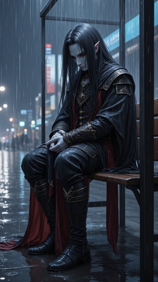 A pale elf-like man with long black hair and pointed ears sits on a wooden bench under a shelter in the rain at night, wearing a dark coat with red lining and gold trim.