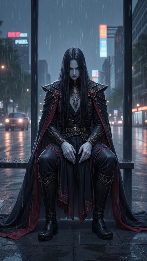 A pale-skinned male character with long black hair and a dark cape sits on a bench at a rainy bus stop at night.