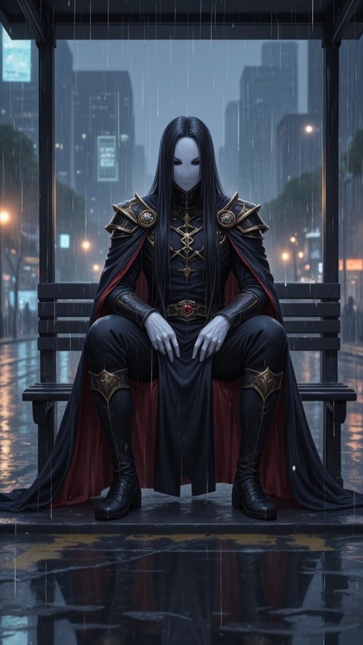 A masked figure in dark fantasy armor with a red-lined cape sits on a bench under a shelter while it rains in a city at night.