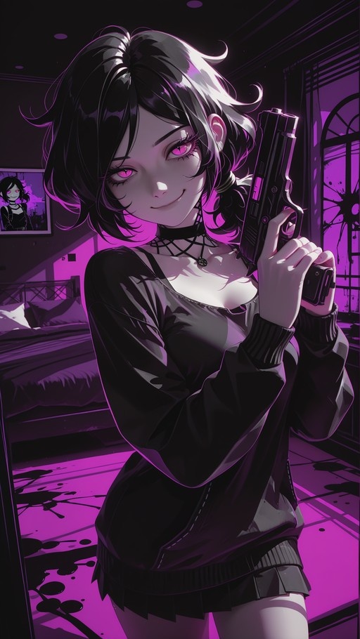 An anime-style girl with short black hair and glowing pink eyes smirks while holding a handgun in a purple-lit bedroom.
