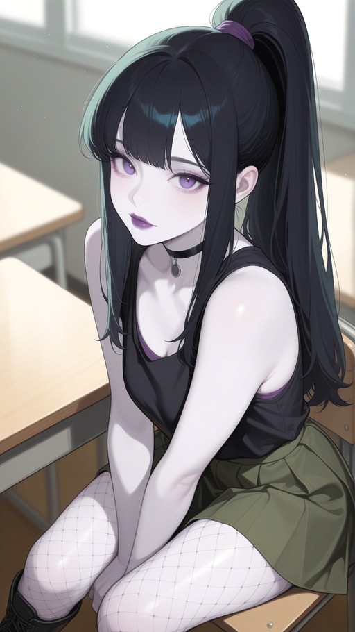 Sam Manson with black hair in a high ponytail and purple eyes sits at a wooden desk wearing a black tank top, olive green skirt, and white fishnet stockings.