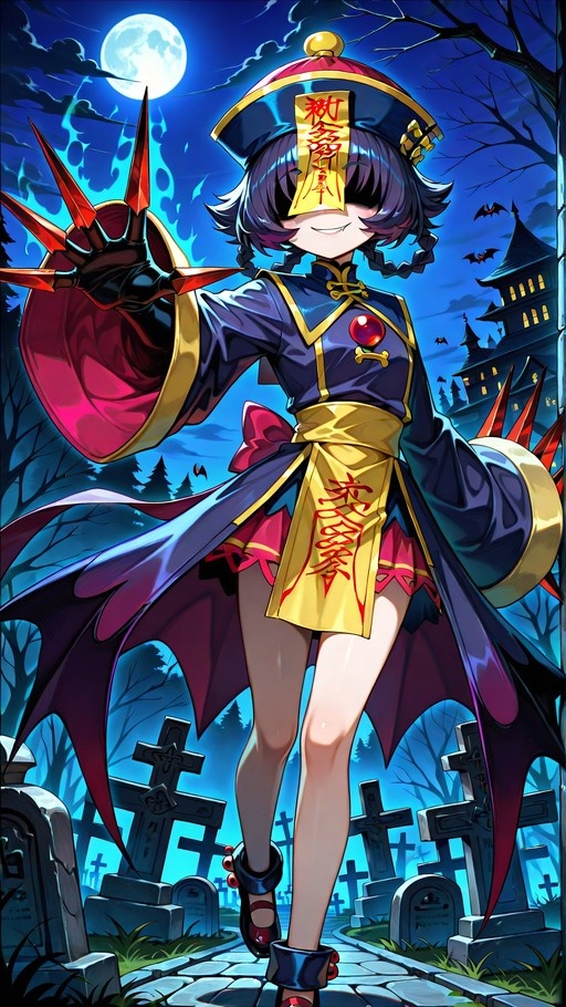 A purple-haired anime girl in a jiangshi costume with bat wings stands in a moonlit graveyard, reaching out with clawed hands.