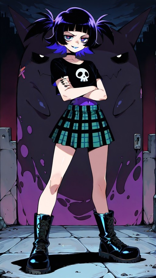 Full body anime illustration of a goth girl with black and purple hair, heterochromia, and fangs, wearing a skull shirt and plaid skirt, standing in front of a large shadow cat silhouette.