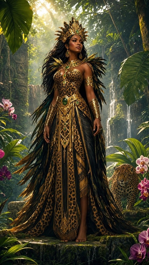 A full-body shot of a dark-skinned fantasy queen wearing an elaborate gold crown and leopard-print gown with feather accents, standing barefoot on mossy stone steps in a sunlit jungle with waterfalls and a leopard nearby.