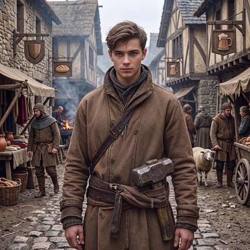 A young man named Giuseppe stands on a cobblestone street in a medieval village, holding a large mason's hammer at his side while wearing a brown coat.