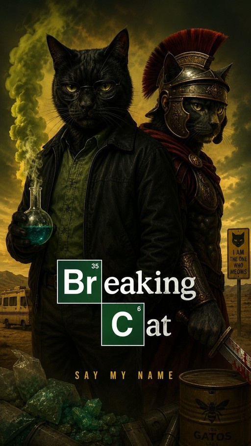 Two anthropomorphic cats pose back-to-back in a desert setting for a Breaking Bad parody titled 'Breaking C6at', featuring one cat in glasses holding a flask and another in Roman armor.