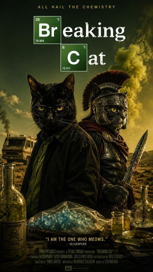 A "Breaking Cat" movie poster featuring two anthropomorphic cats in a desert; one wears glasses and a green shirt, the other wears Roman armor holding a sword, with blue crystals and an RV in the background.