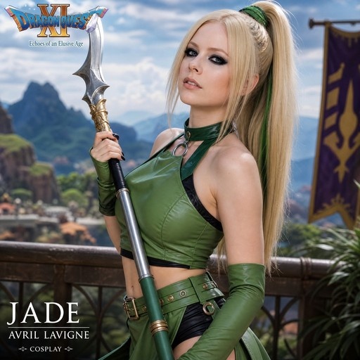 Avril Lavigne cosplaying as Jade from Dragon Quest XI holding a spear.