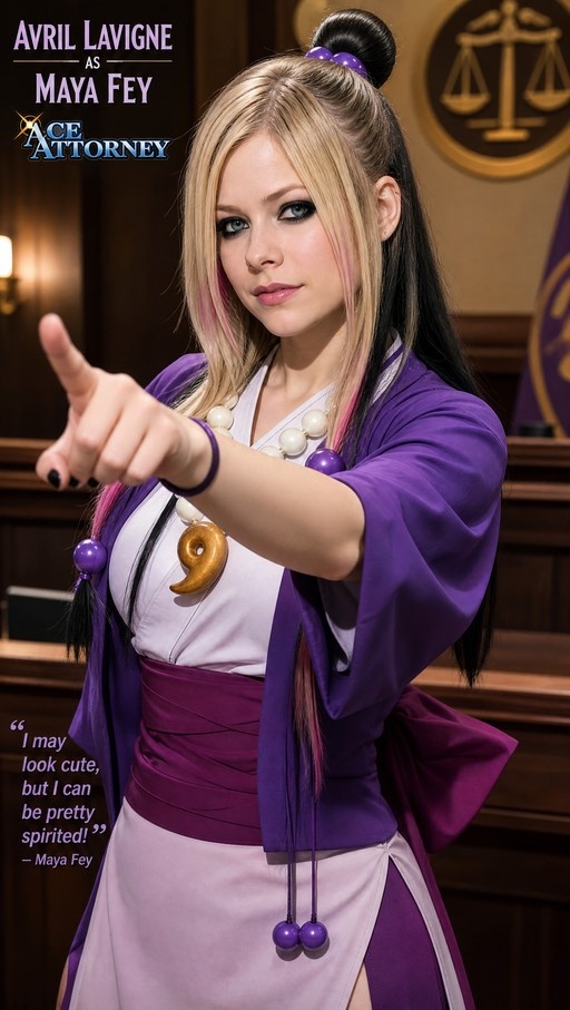 Avril Lavigne as Maya Fey from Ace Attorney wearing a purple kimono and pointing at the viewer.