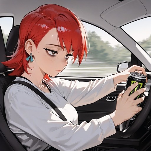 Red-haired anime girl in a white shirt holding a Monster Energy drink while driving a car