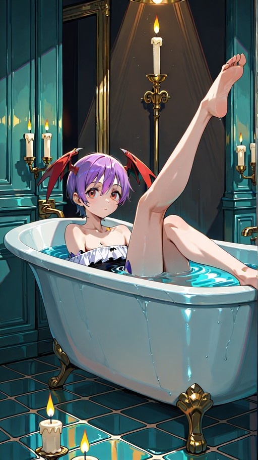 Lilith from Darkstalkers with short purple hair and red head wings sits in a white clawfoot bathtub filled with blue water, surrounded by lit candles, raising one leg high.