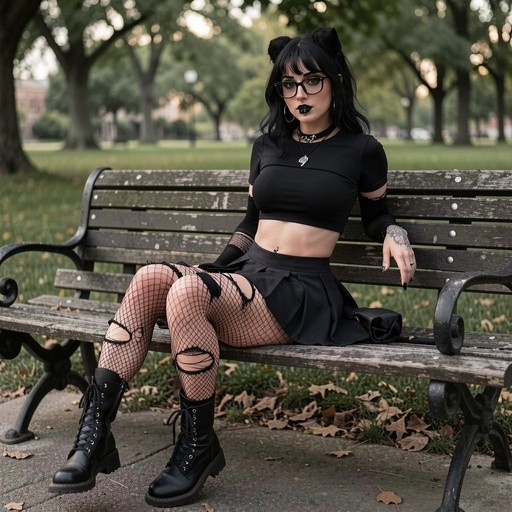 A woman with black hair and glasses wearing a goth outfit with fishnet tights and combat boots sits on a park bench.