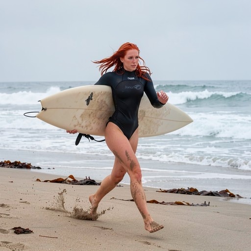 A redheaded woman in a black swimsuit runs barefoot on a sandy beach carrying a white surfboard, with sand kicking up from her feet and waves crashing in the background.
