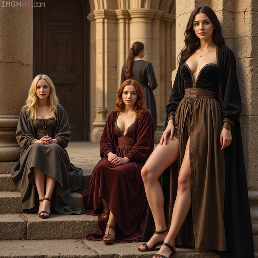 Three women in period pilgrim attire pose on the stone steps of a grand cathedral portico.