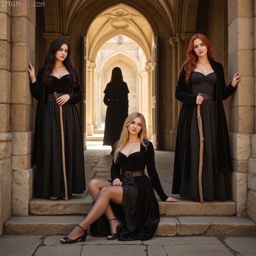 Three women in black velvet pilgrim attire holding wooden staffs pose on the stone steps of a grand cathedral portico with arched ceilings.