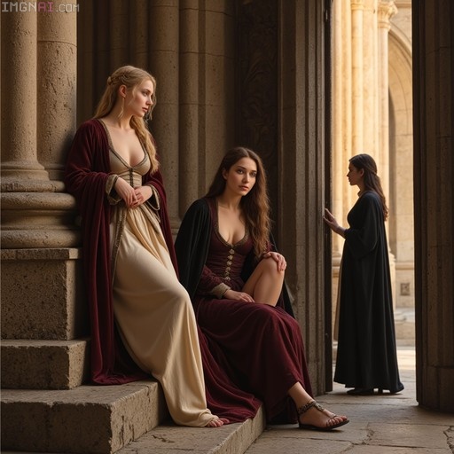 Three women in historical velvet cloaks and gowns resting inside a stone cathedral portico with warm lighting