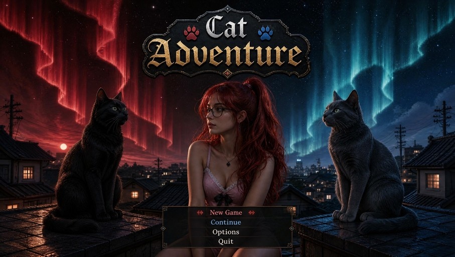 A red-haired woman in a pink top sits on a rooftop between a black and a grey cat under a starry sky with red and blue auroras, featuring the title 'Cat Adventure'.