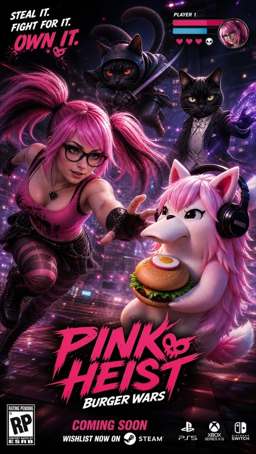 A video game advertisement poster for 'Pink Heist: Burger Wars' featuring a pink-haired girl reaching for a burger held by an anthropomorphic dog with headphones, while two cats appear in the background.