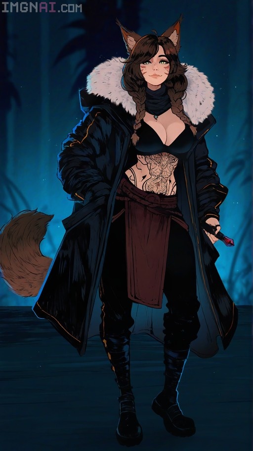 A fox-eared woman with brown braided hair and green eyes stands in a dark blue jungle setting. She wears a black fur-trimmed coat over a revealing outfit that shows a large stomach tattoo. She has a fluffy tail behind her.