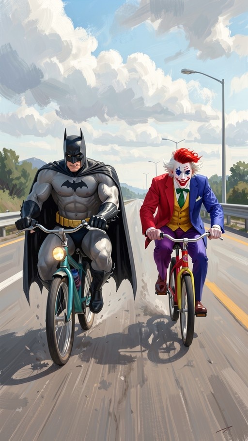 Batman in a grey suit and the Joker in a purple suit riding bicycles side by side on a road.
