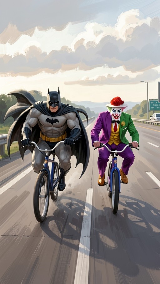 Batman in his grey suit and black cape rides a bicycle next to the Joker in a purple suit and green jacket on a highway.