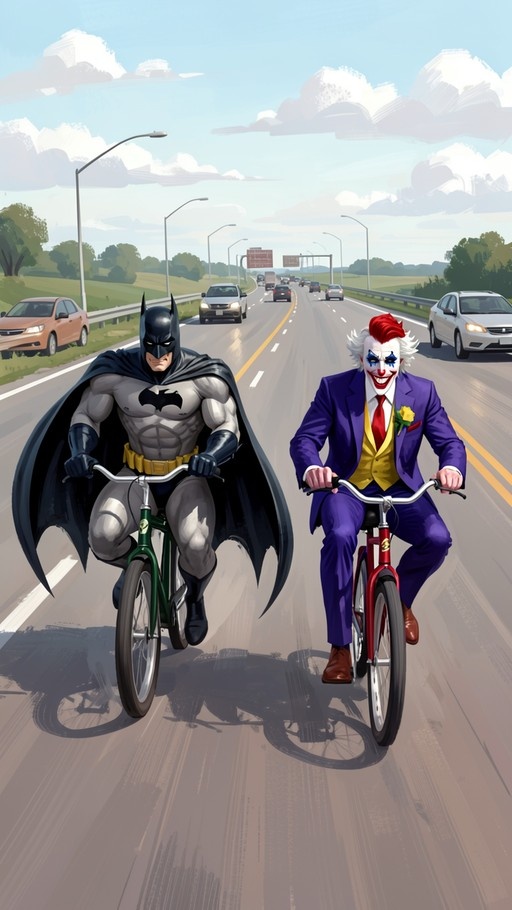 Batman and the Joker riding bicycles on a highway with cars in the background.