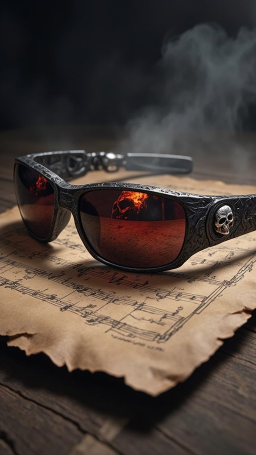 A pair of ornate metal sunglasses featuring a skull detail resting on vintage sheet music with fire reflections in the lenses and smoke in the background.