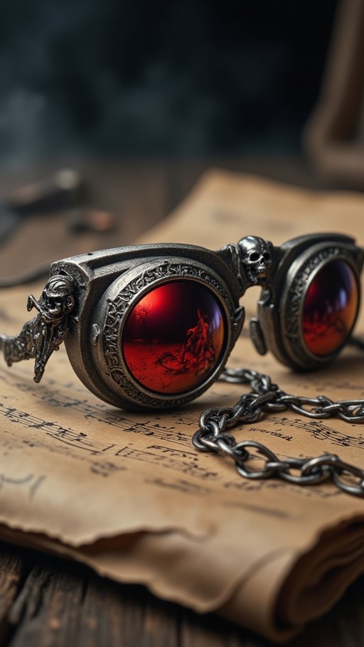 Steampunk goggles with skull accents and red lenses lying on a sheet music scroll.