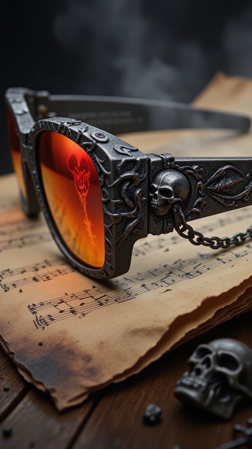 A pair of dark, ornate sunglasses with orange reflective lenses and a skull charm rests on yellowed sheet music next to a small skull figurine.