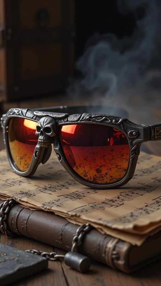 Close-up of metallic sunglasses with a skull on the bridge resting on an open book with sheet music and a metal chain.