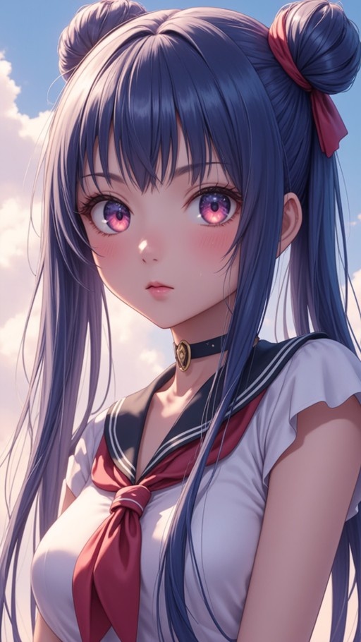 Anime girl with blue hair buns and purple eyes wearing a sailor uniform against a blue sky
