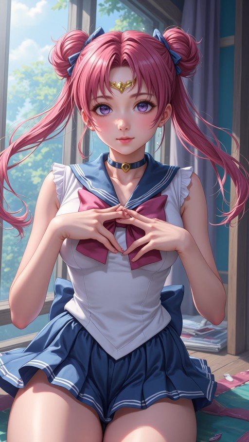 An anime-style girl with pink hair in twin buns wearing a sailor uniform and making a heart shape with her hands.