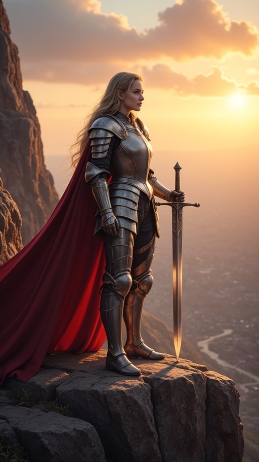 A blonde woman in silver plate armor and a red cape stands on a rocky cliff at sunset, holding a sword upright while looking out over the horizon.