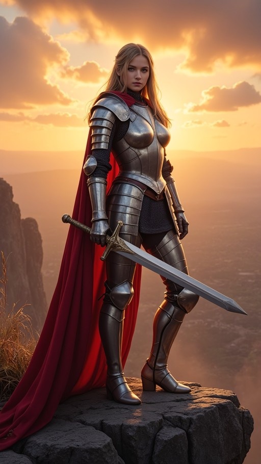 A full-body shot of a blonde woman in silver plate armor and a red cape standing on a rocky cliff at sunset, holding a sword.