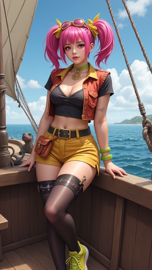 A digital illustration of Misty from Pokémon with pink twintails and goggles, wearing a red vest and yellow shorts while leaning on a wooden ship railing against a blue ocean background.