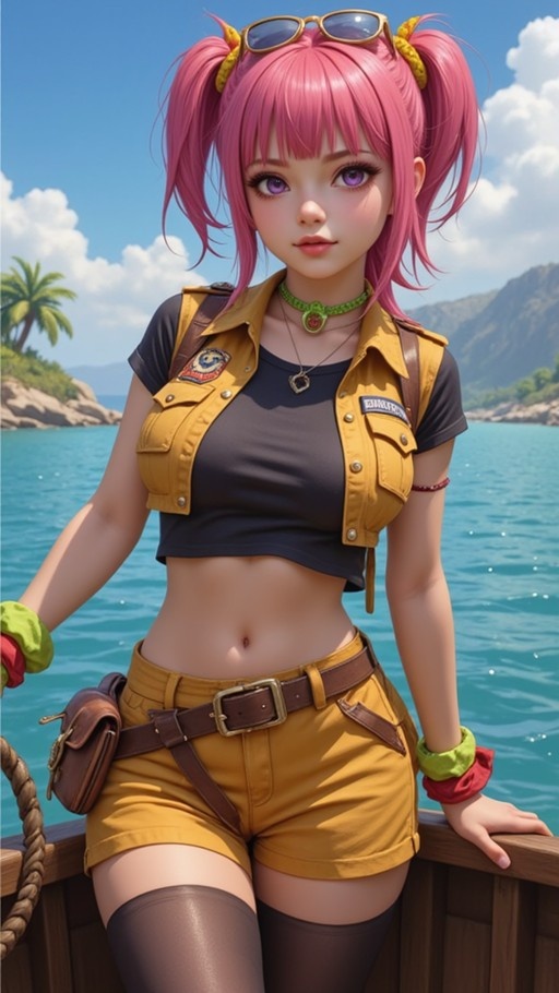 Pink-haired anime girl in yellow outfit leaning by the ocean
