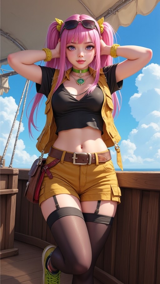Digital illustration of Hilda Valentine Goneril from Arknights standing on a wooden deck with hands behind her head, wearing a black crop top, yellow vest and shorts, and black thigh-high socks under a blue sky.